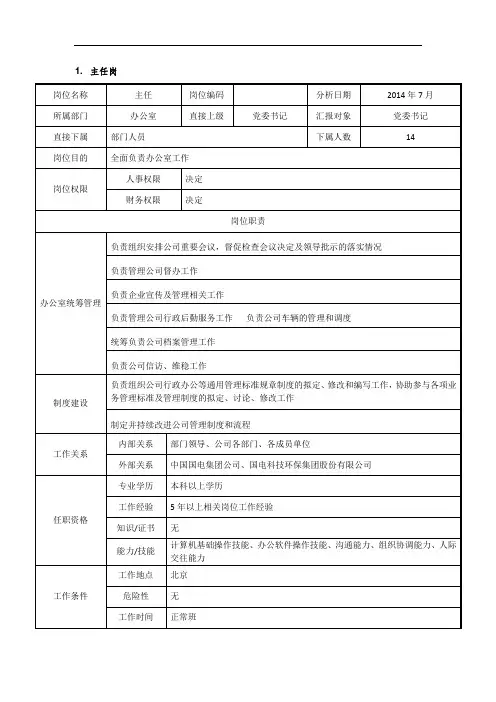 电力风电岗位说明书-办公室-主任岗