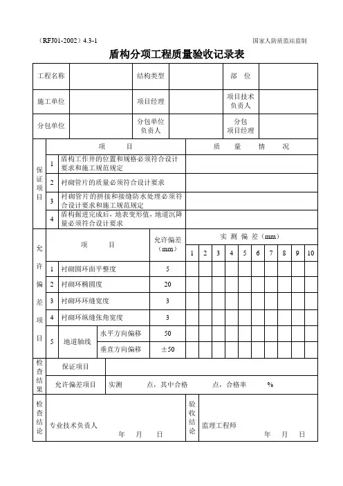 4.3-1盾构分项工程质量验收记录表