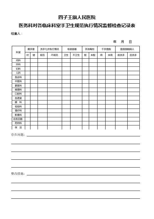 医务科对临床科室手卫生执行情况监督检查记录表