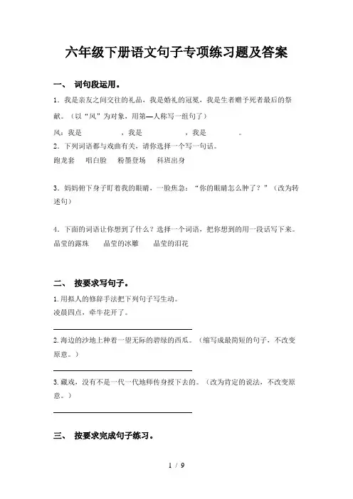 六年级下册语文句子专项练习题及答案