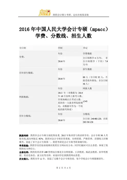 2016年中国人民大学会计专硕(mpacc)学费、分数线、招生人数