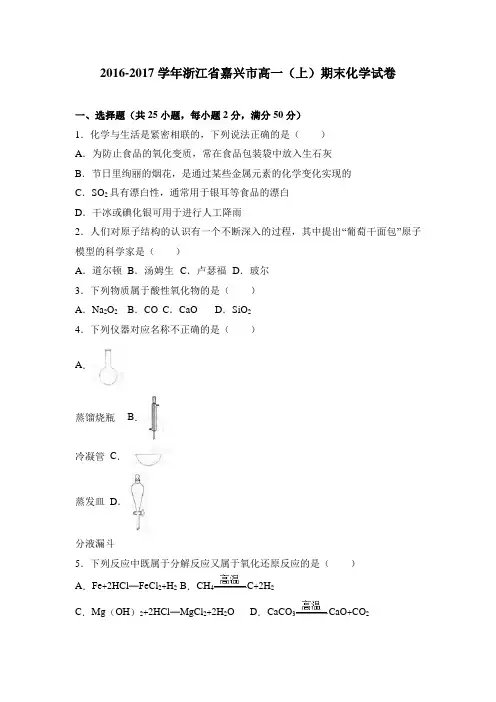 浙江省嘉兴市2016-2017学年高一(上)期末化学试卷(解析版)