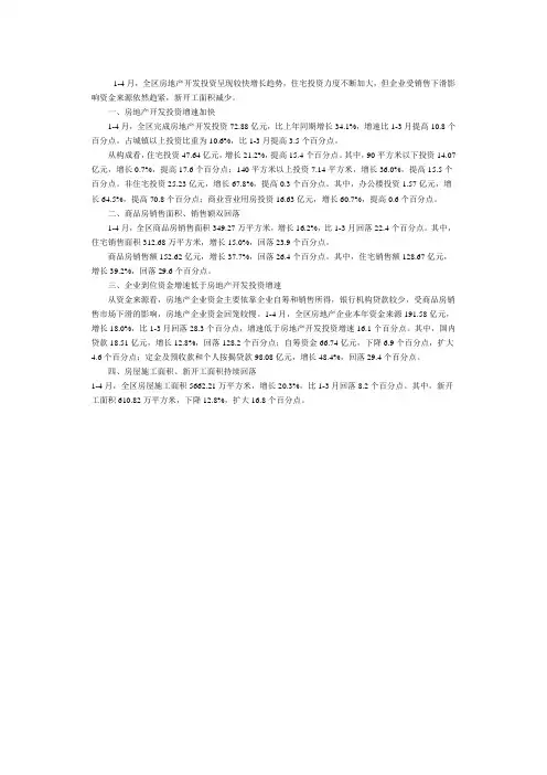 2013年1-4月新疆房地产市场运行情况