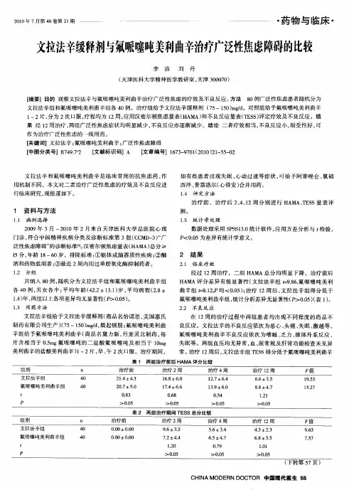 文拉法辛缓释剂与氟哌噻吨美利曲辛治疗广泛性焦虑障碍的比较