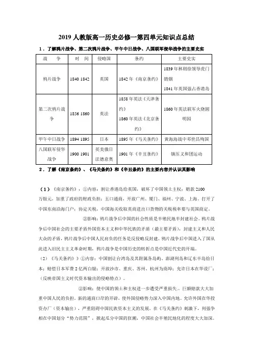 2019人教版高一历史必修一第四单元知识点总结