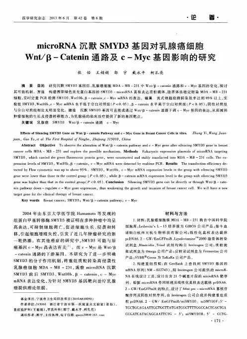 microRNA沉默SMYD3基因对乳腺癌细胞Wnt／β-Catenin通路及C—Myc基因影响的研究
