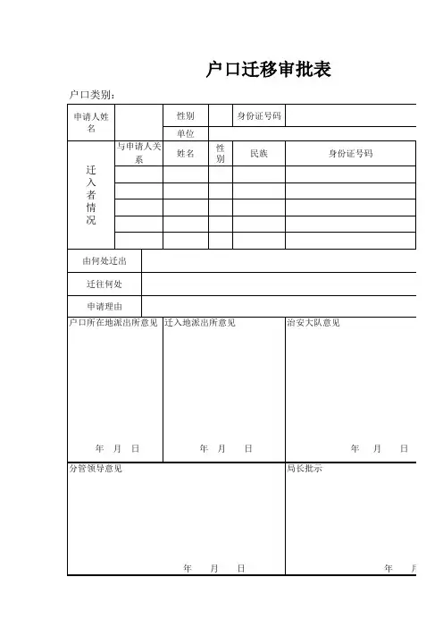 户口迁移审批表excel模板