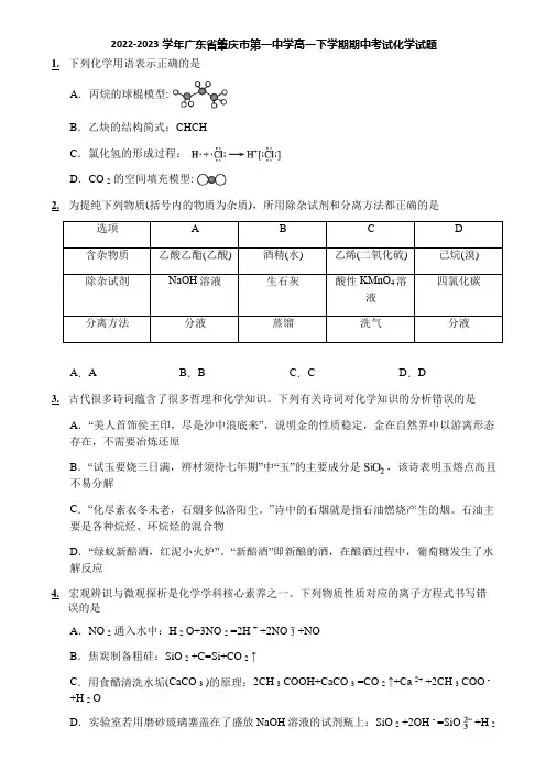 2022-2023学年广东省肇庆市第一中学高一下学期期中考试化学试题