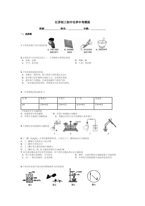 江苏初三初中化学中考模拟带答案解析
