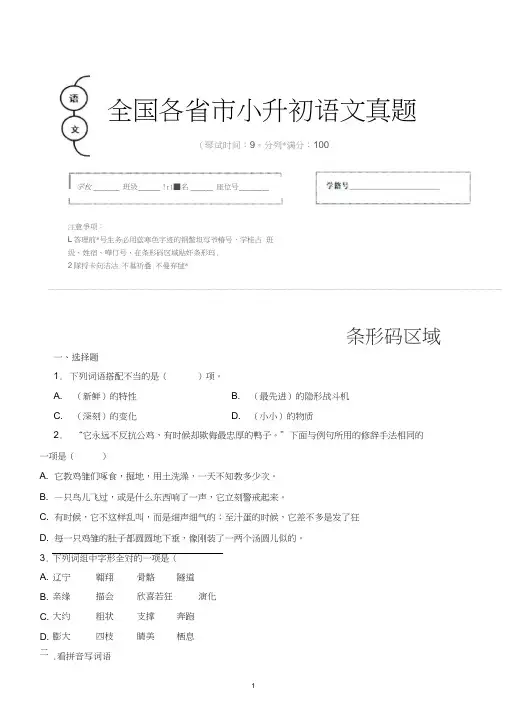 【小升初】2020年河南省濮阳市小升初语文毕业会考试题含答案(全网唯一)