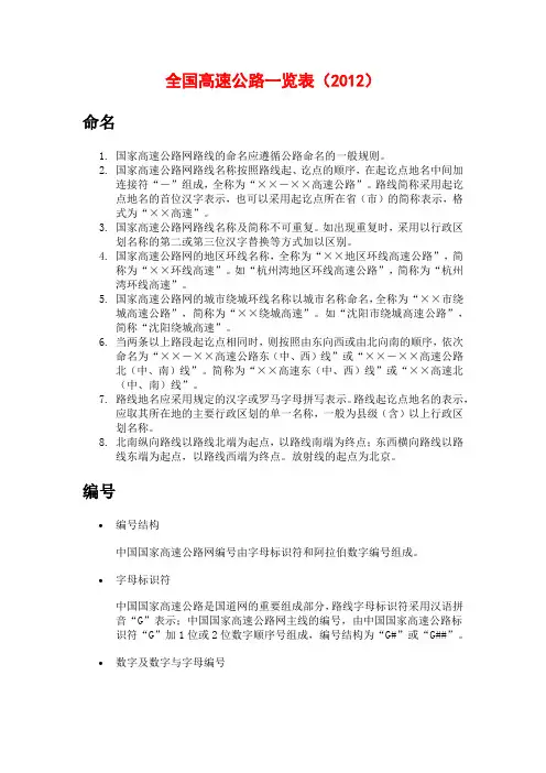 全国高速公路一览表(2012)