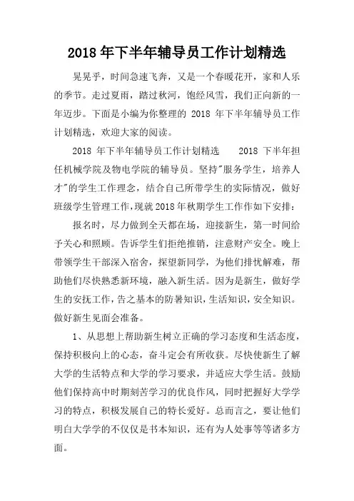 2018年下半年辅导员工作计划精选