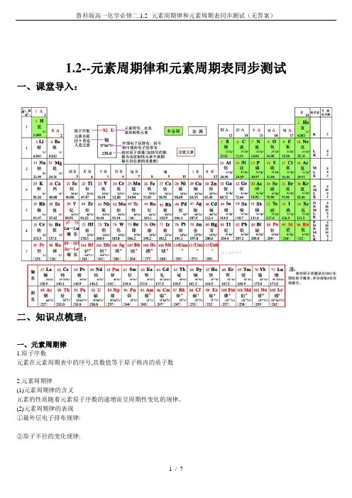鲁科版高一化学必修二1.2--元素周期律和元素周期表同步测试(无答案)
