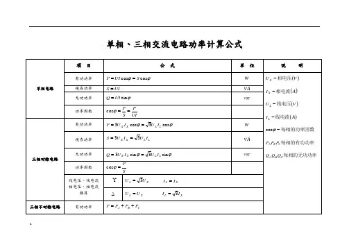 单相、三相交流电路功率计算公式