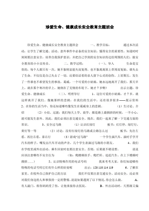 珍爱生命、健康成长安全教育主题班会