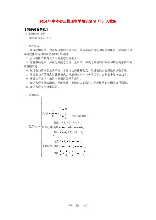 2014年中考九年级物理电学知识复习(1)人教版知识精讲