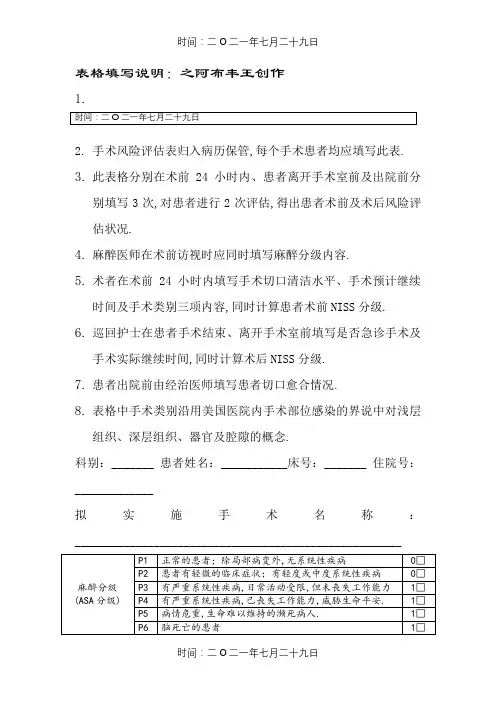 手术风险评估表