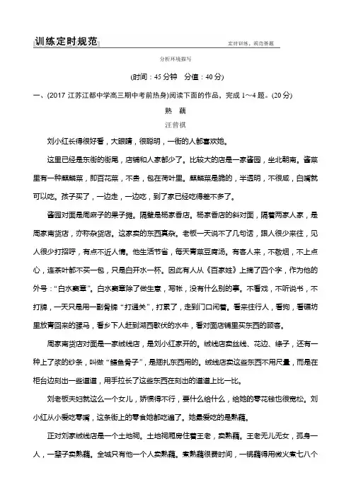 2018版高考语文大一轮复习规范训练专题一小说阅读分析环境描写含解析