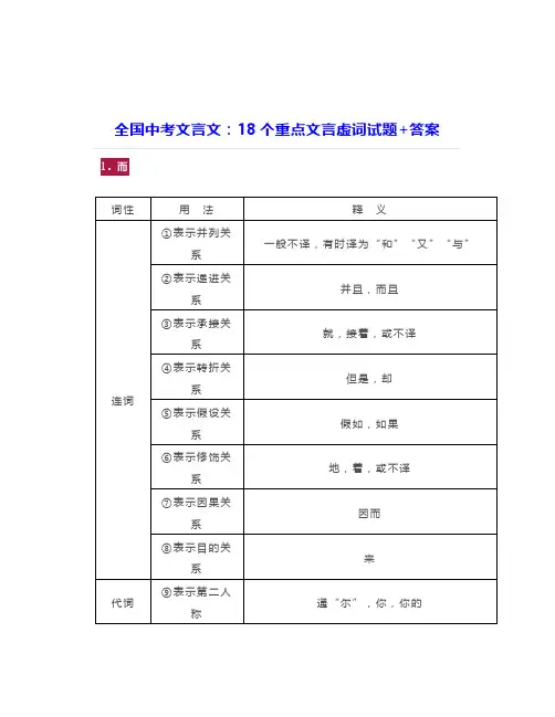 全国中考文言文：18个重点文言虚词试题+答案