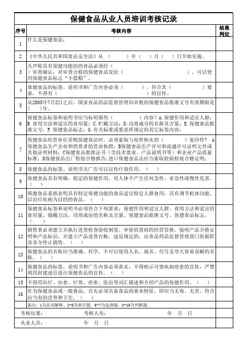 保健食品从业人员培训考核记录
