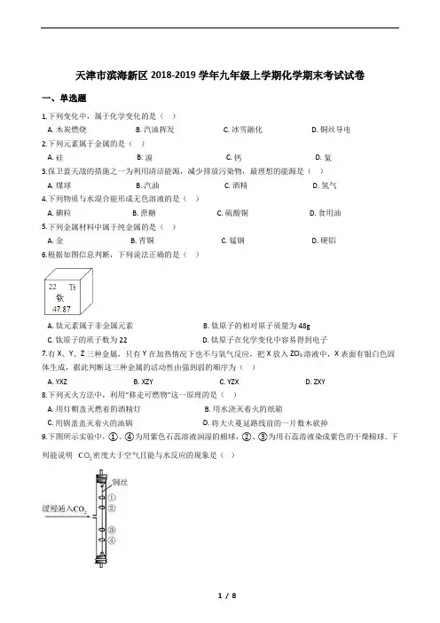 天津市滨海新区2018-2019学年九年级上学期化学期末考试试卷