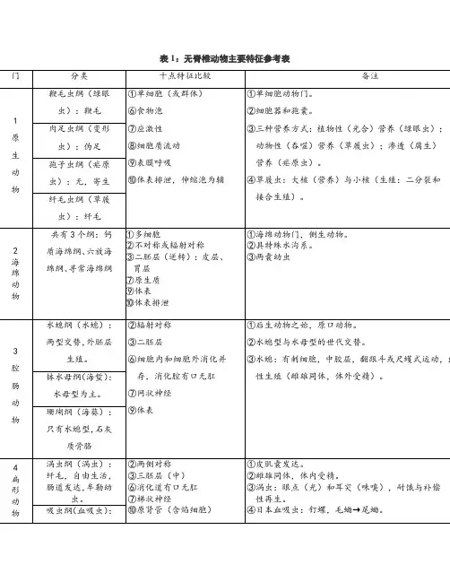 无脊椎动物主要特征比较