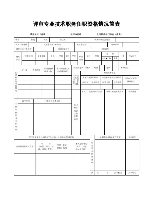 2010评审专业技术职务任职资格情况简表