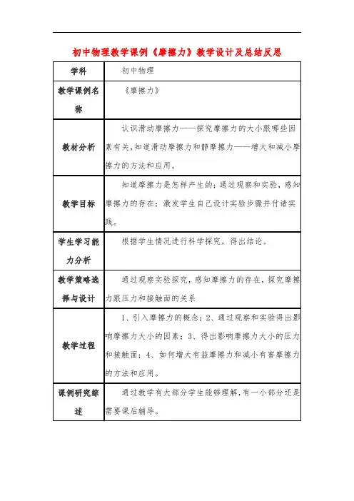 初中物理教学课例《摩擦力》课程思政核心素养教学设计及总结反思