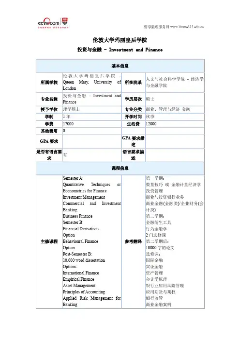 伦敦大学玛丽皇后学院投资与金融硕士