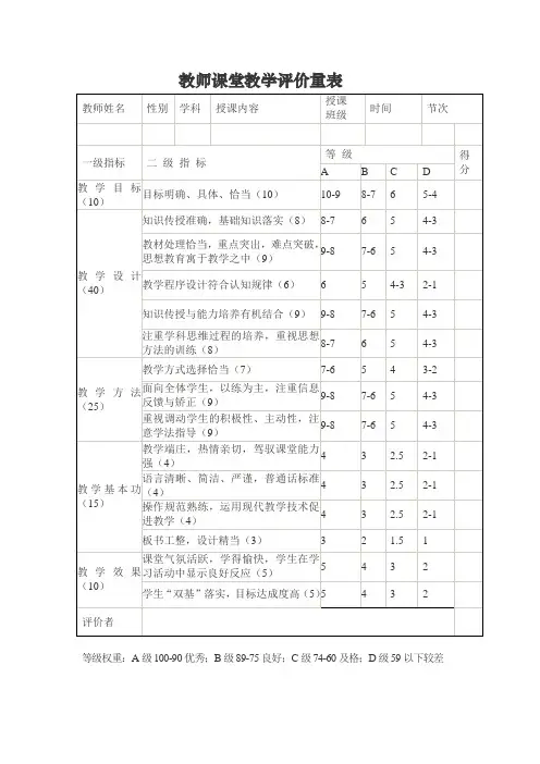 教师课堂教学评价量表