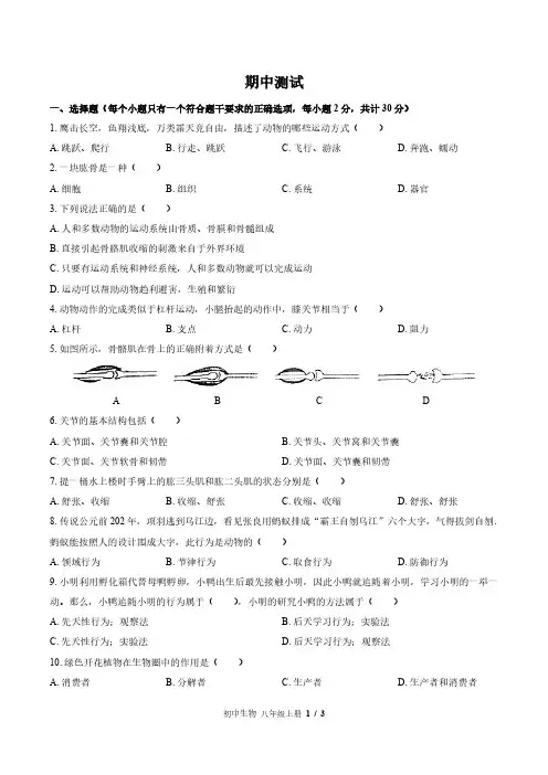 北师大版初中生物八上期中测试试题试卷含答案2