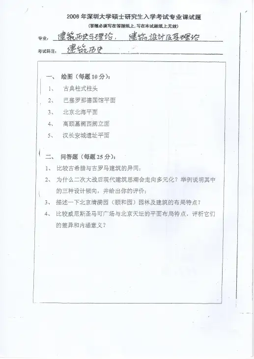 深圳大学2006年硕士研究生入学考试试题建筑历史