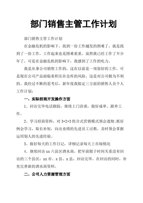 部门销售主管工作计划