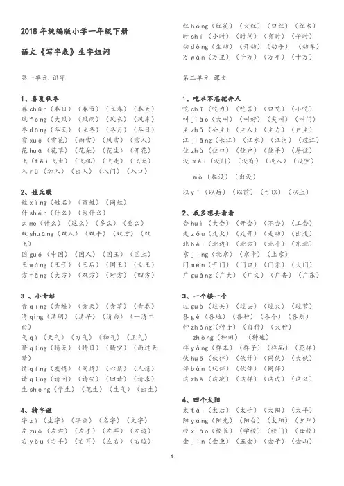 (统编版)一年级下册语文《写字表》生字组词