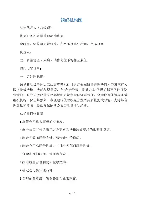 公司组织机构图和部门设置说明医疗器械