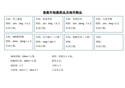急救车抢救药品及相关物品