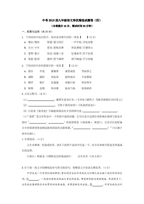 河南中考2019届九年级语文培优精选试题卷(四)