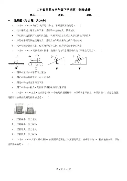 山东省日照市八年级下学期期中物理试卷