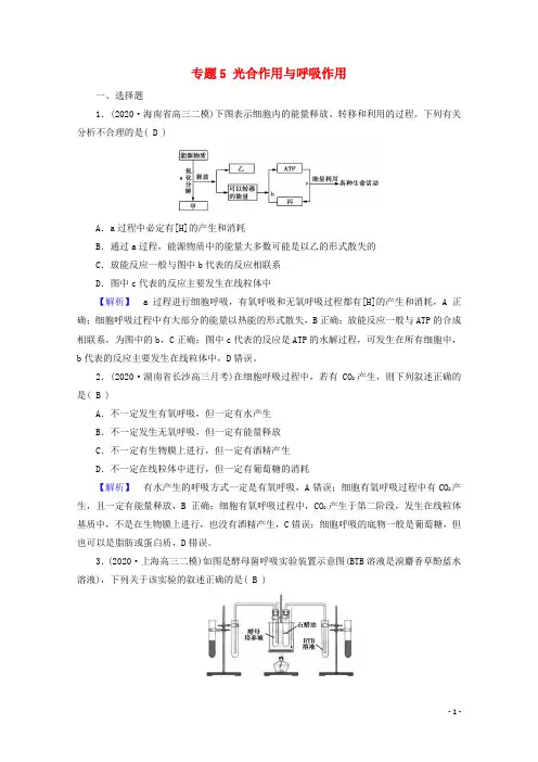 2021届高考生物二轮复习 专题5 光合作用与呼吸作用高考模拟训练（含解析）新人教版