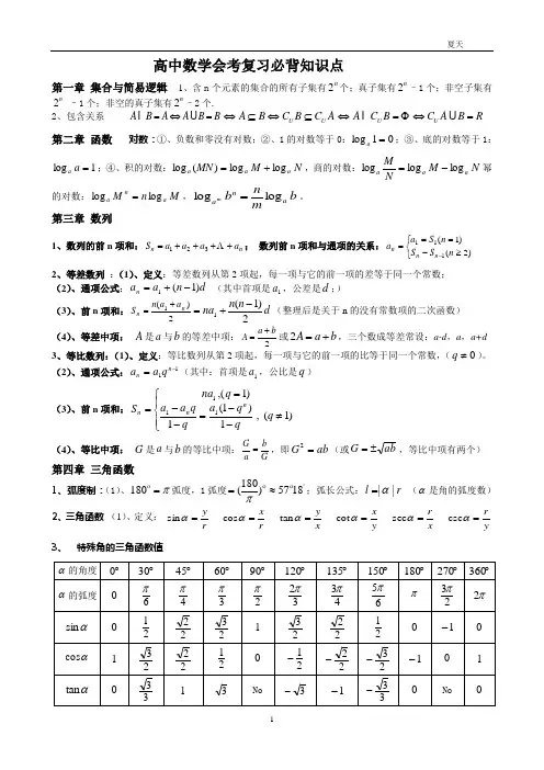 2013年山东省高中数学会考复习必背知识点