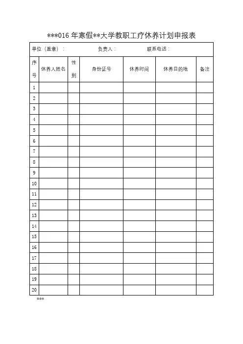 2016年寒假XX大学教职工疗休养计划申报表【模板】