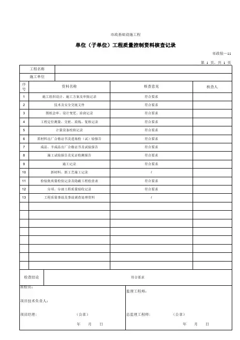 单位(子单位)工程质量控制资料核查记录 市政验-11 填写范例