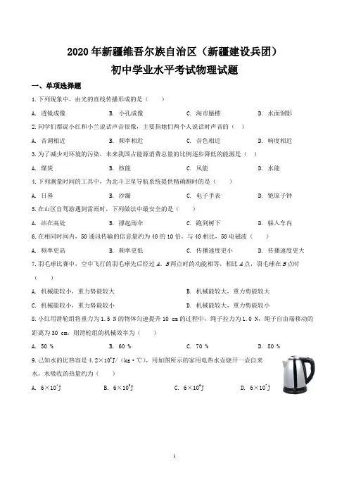 2020年新疆中考物理试题(含答案,已编辑,word)