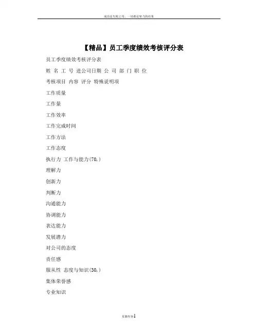 【精品】员工季度绩效考核评分表