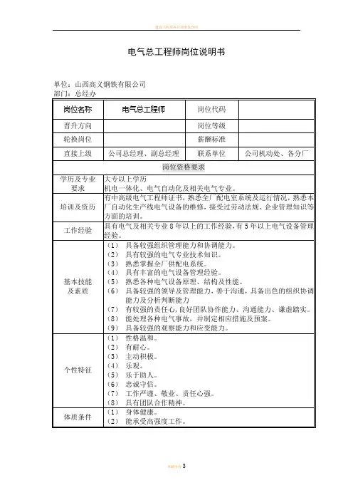 电气总工程师岗位职责