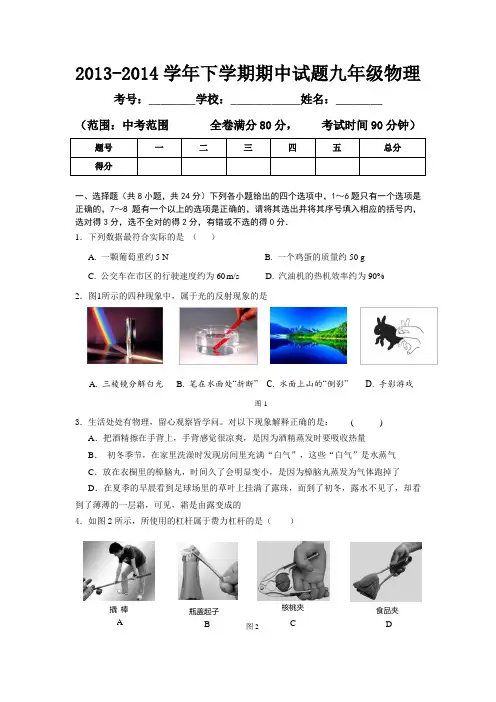 2013-2014学年下学期期中试题九年级物理