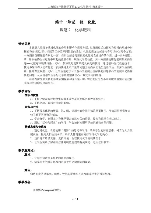 人教版九年级化学下册11.2化学肥料 教案设计