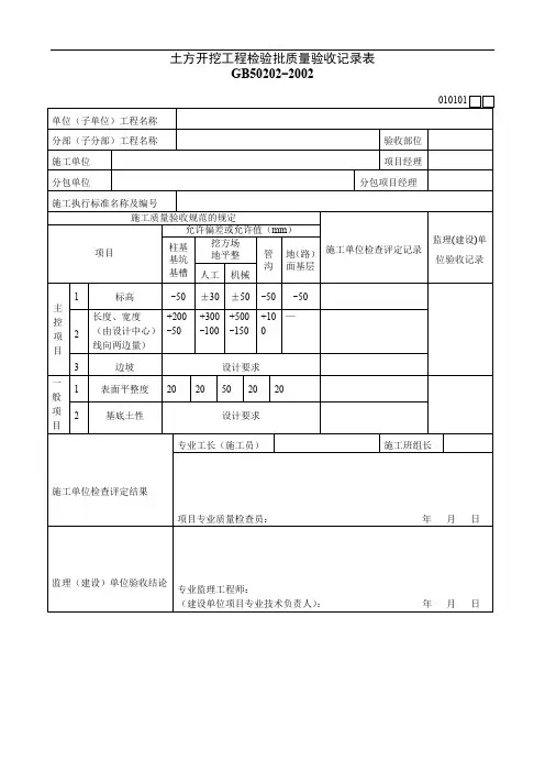 土方开挖工程检验批质量验收记录表010101
