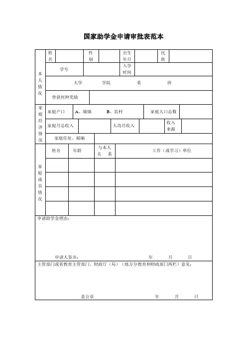 国家助学金申请审批表范本