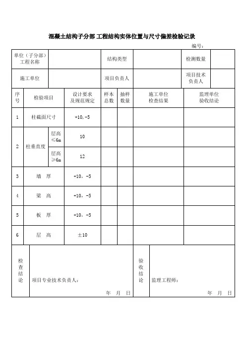 混凝土结构子分部工程结构实体位置与尺寸偏差检验记录